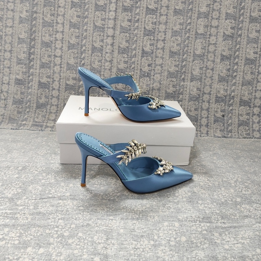 Manolo Blahnik Light Blue Satin Pointed-Toe Jeweled Mules - Picture 6 of 13